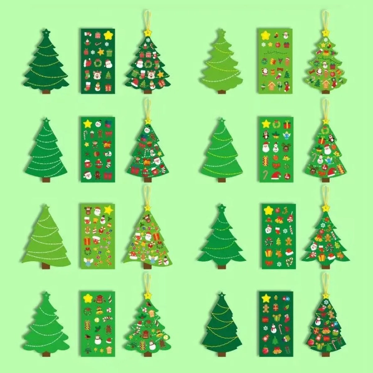 Eight tree designs shown as plain tree, matching sticker sheet and finished ornament