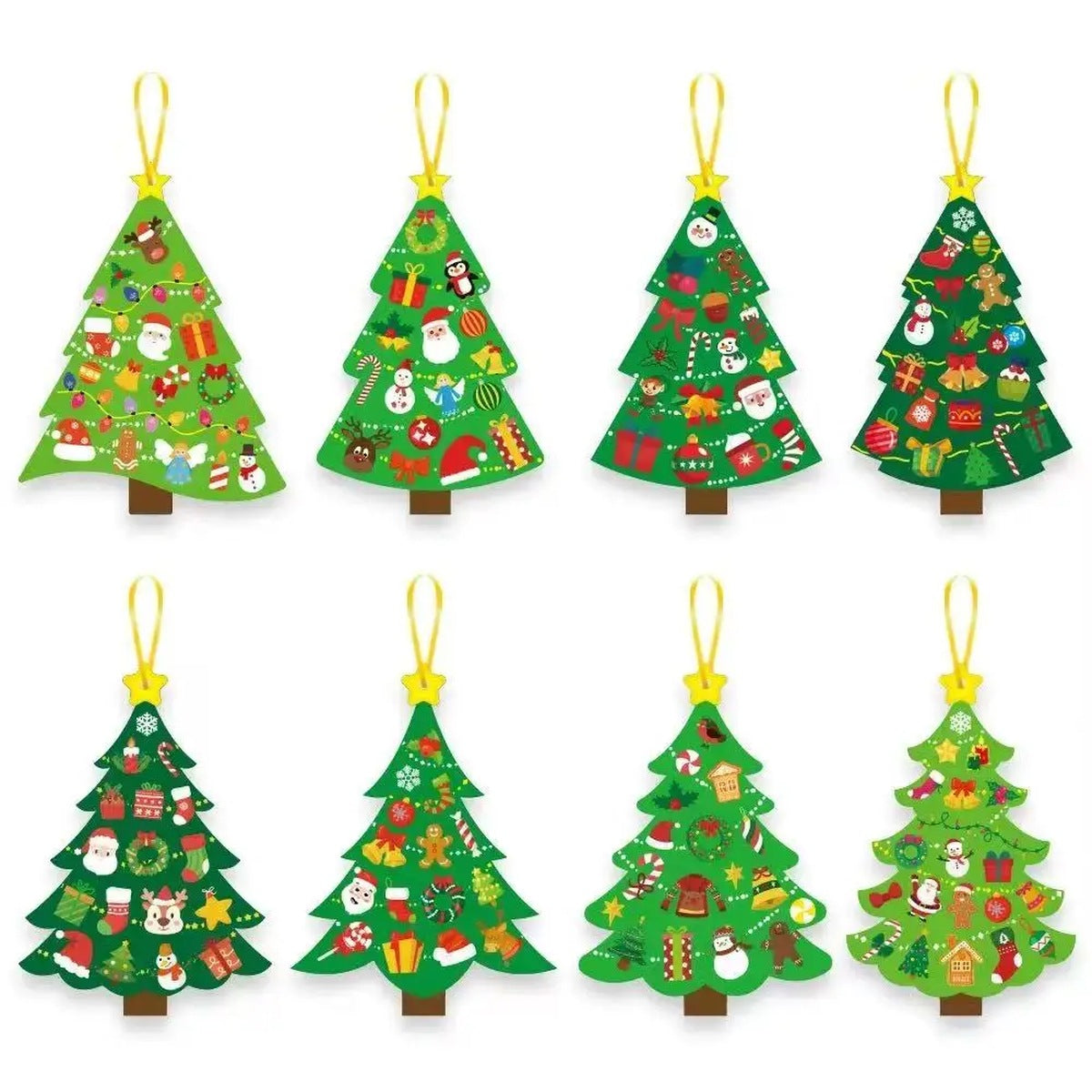 Eight finished sticker-decorated Christmas tree ornaments with hanging loops