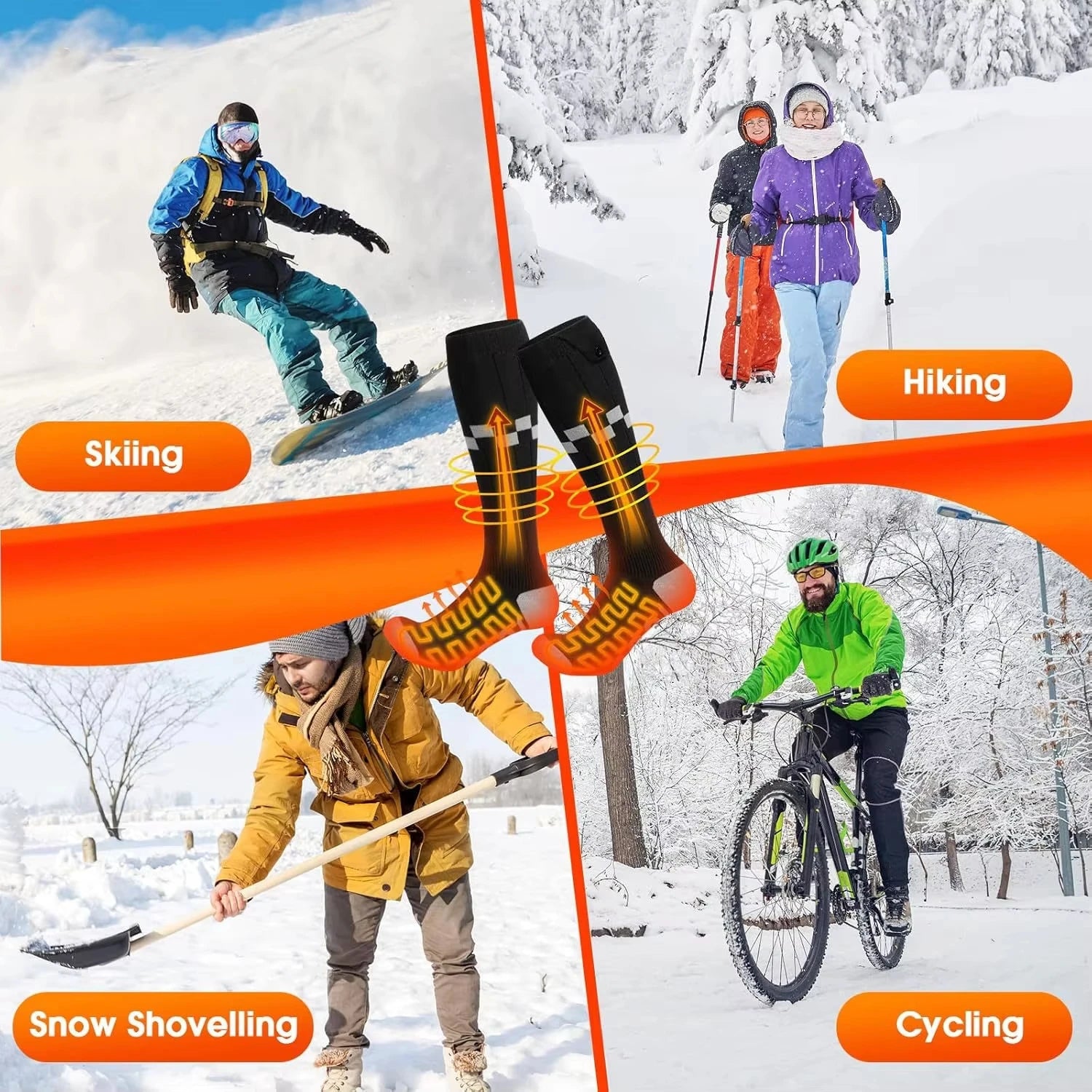 Heated socks worn for skiing, hiking, cycling and snow shovelling