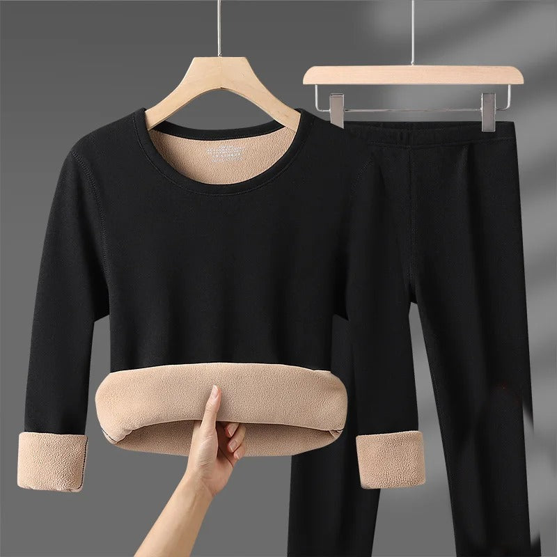 Women's black fleece-lined thermal base layer set with soft velvet finish