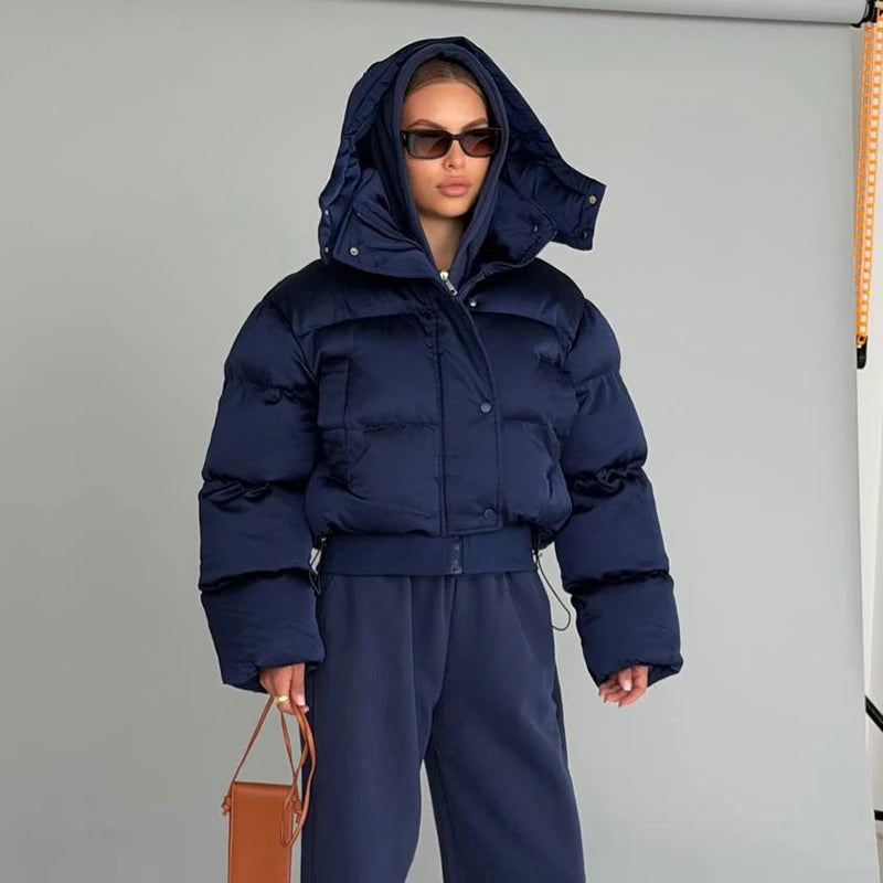 Navy hooded cropped bubble puffer jacket, full-length model shot