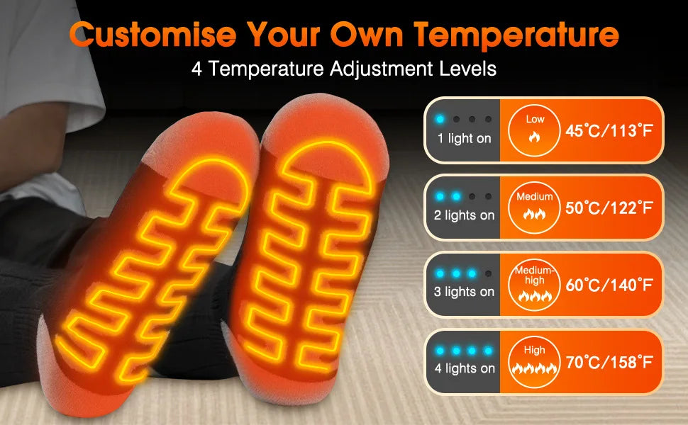 Heated sock heat level settings shown on the sole