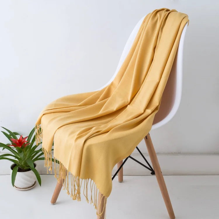Mustard yellow oversized cashmere-feel scarf with fringed ends, 200 x 70 cm