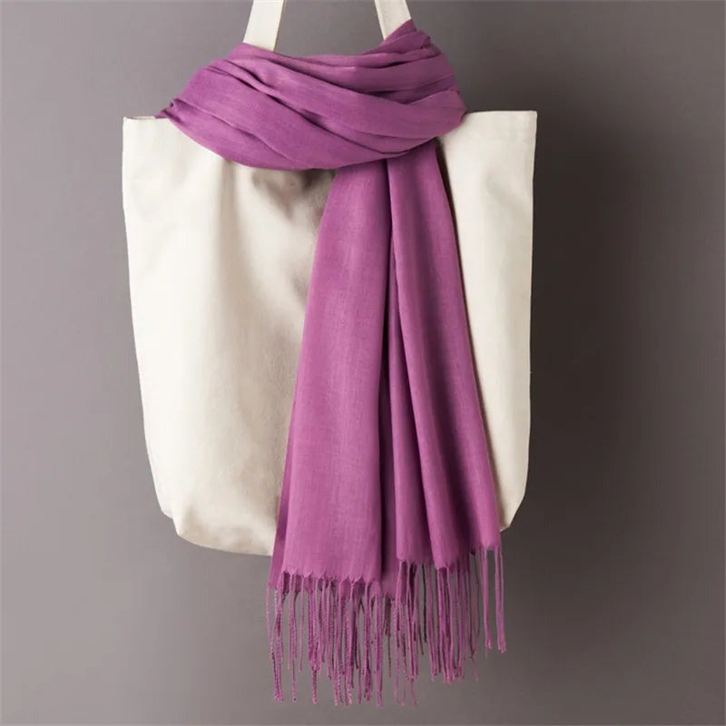 Purple oversized cashmere-feel scarf with fringed ends, 200 x 70 cm