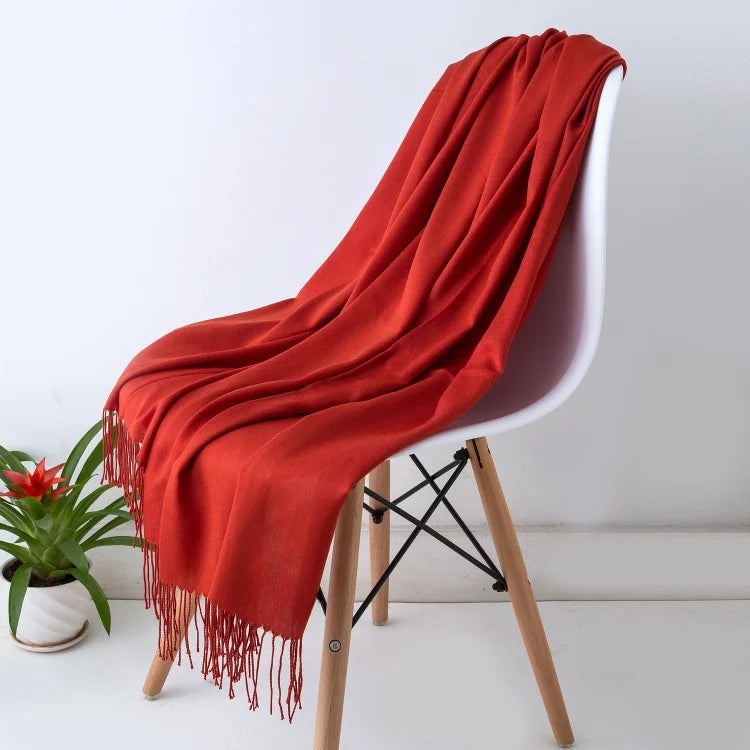 Red oversized cashmere-feel scarf with fringed ends, 200 x 70 cm