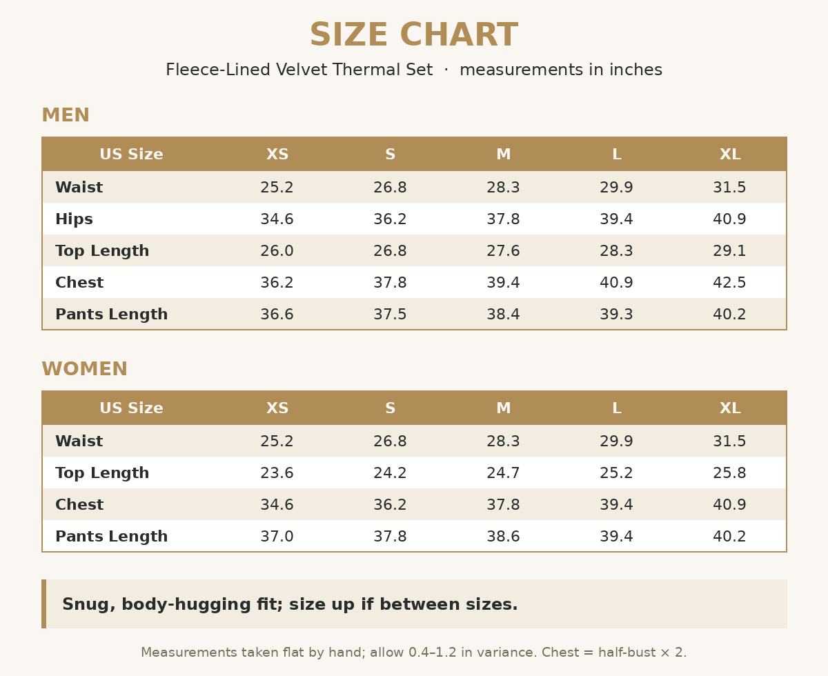 Size chart in inches for men's and women's fleece-lined thermal set, US XS to XL