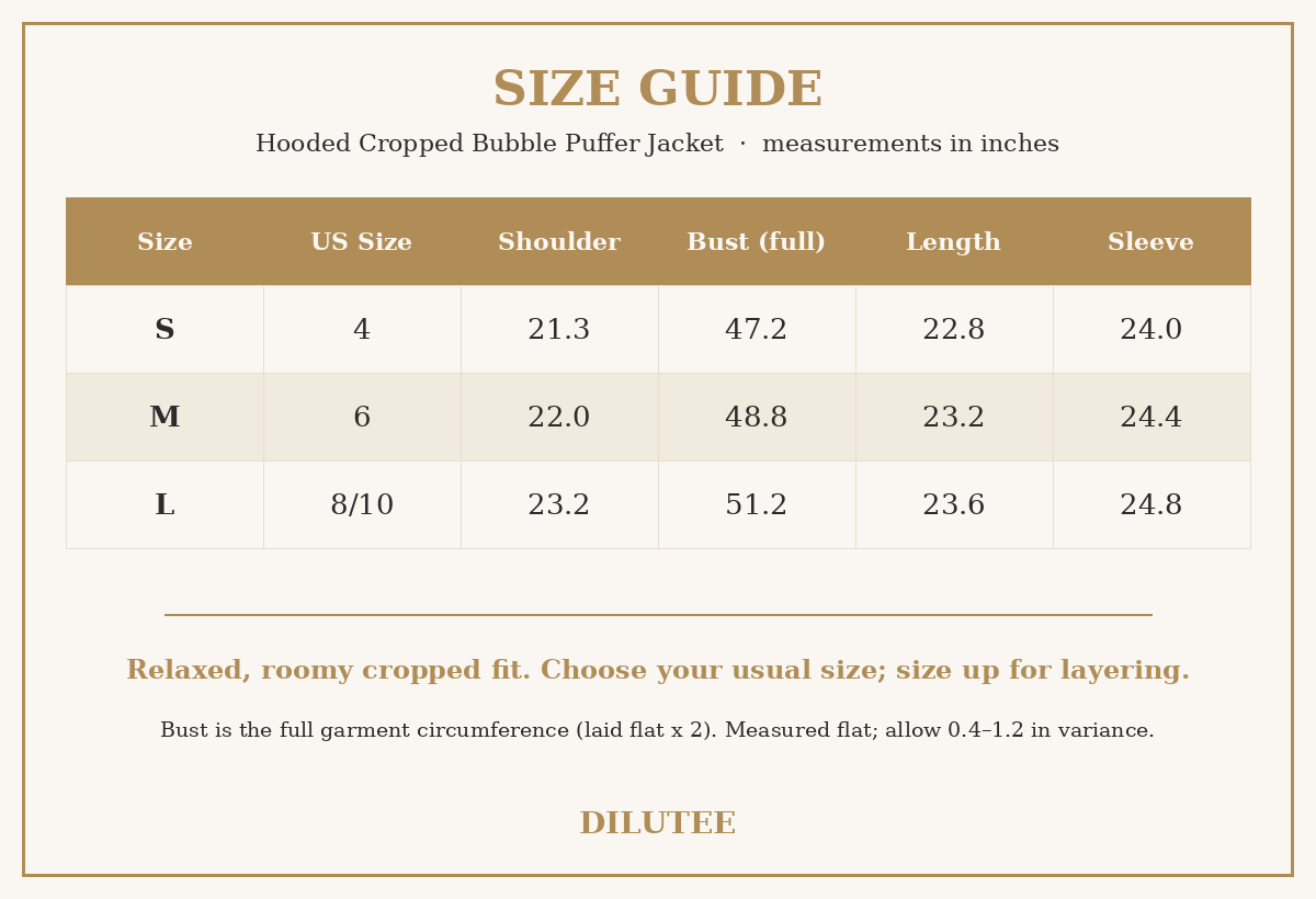 Size chart in inches for the women's hooded cropped bubble puffer jacket