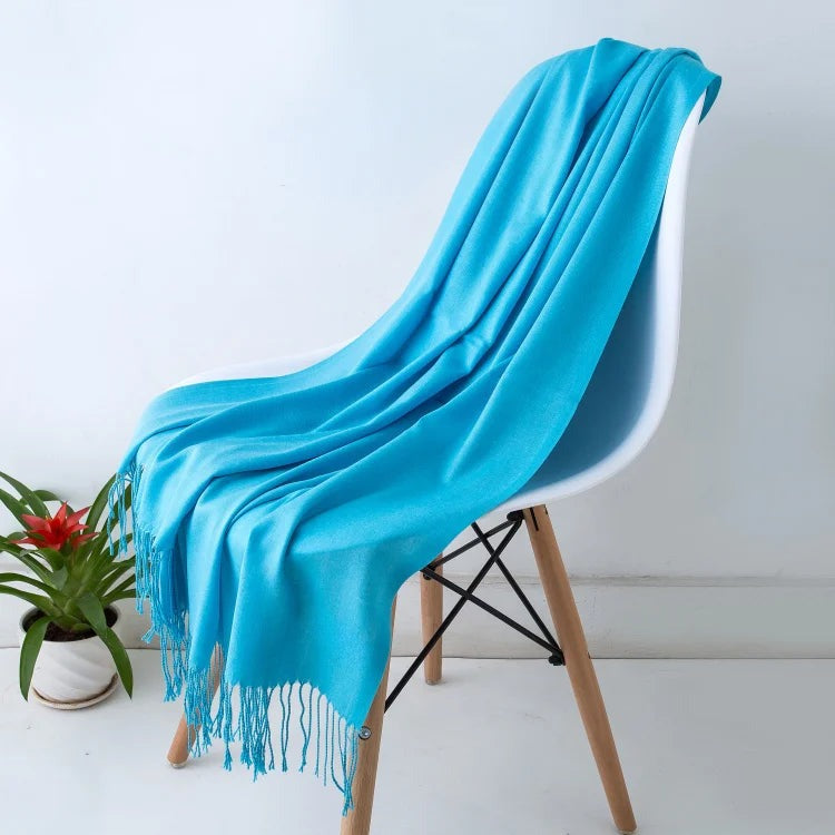 Sky blue oversized cashmere-feel scarf with fringed ends, 200 x 70 cm