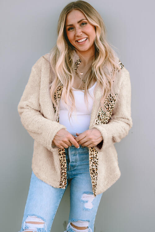 Leopard Snap Down Pocketed Collared Neck Jacket