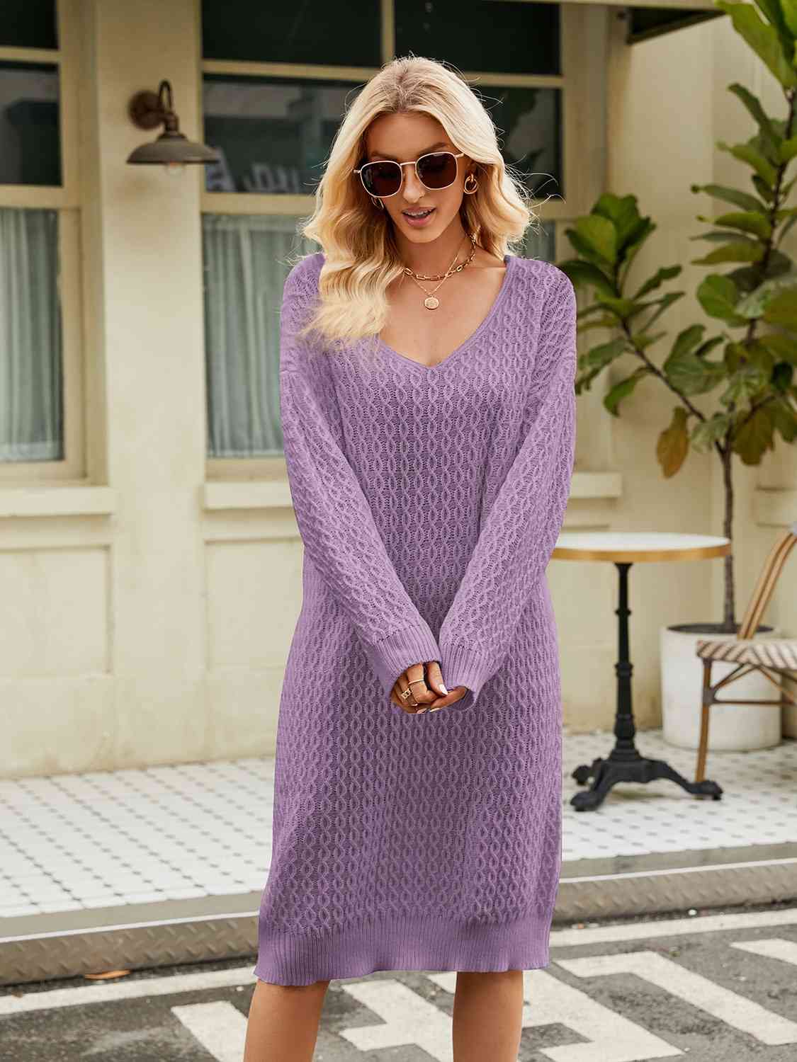 V-Neck Long Sleeve Sweater Dress – dilutee V-Neck Long Sleeve Sweater Dress – dilutee