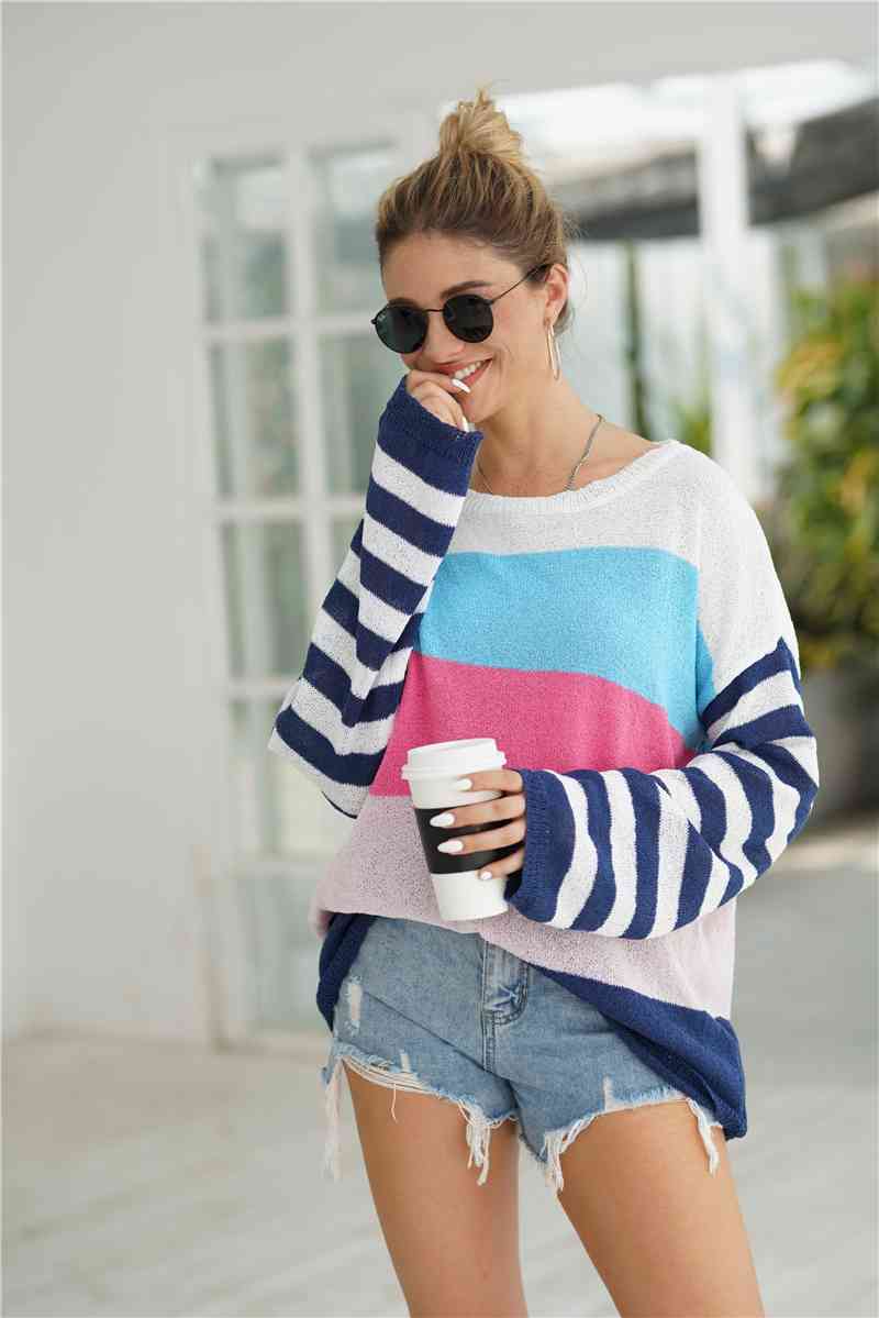 Striped Ribbed Trim Bell Sleeve Sweater