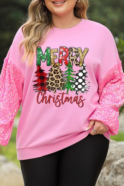 Plus Size MERRY CHRISTMAS Sequin Round Neck Sweatshirt