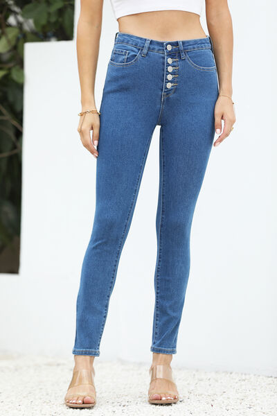 High Waist Button Fly Pocketed Jeans