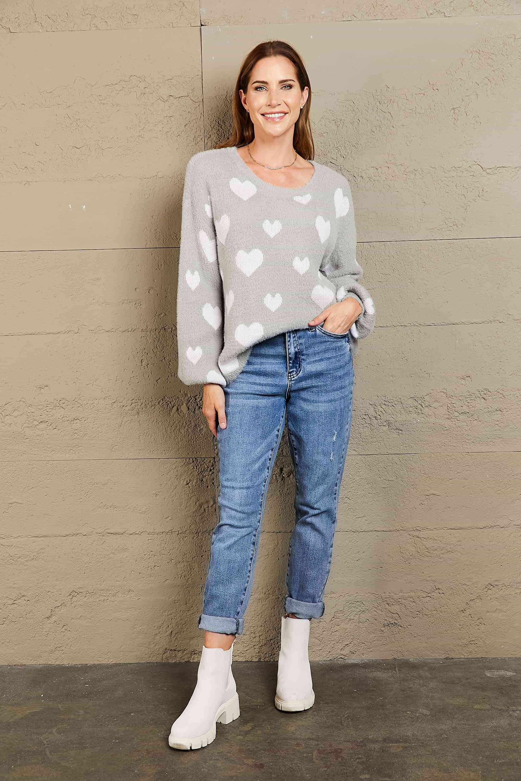 Woven Right Heart Print Fuzzy Crewneck Long Sleeve Sweater