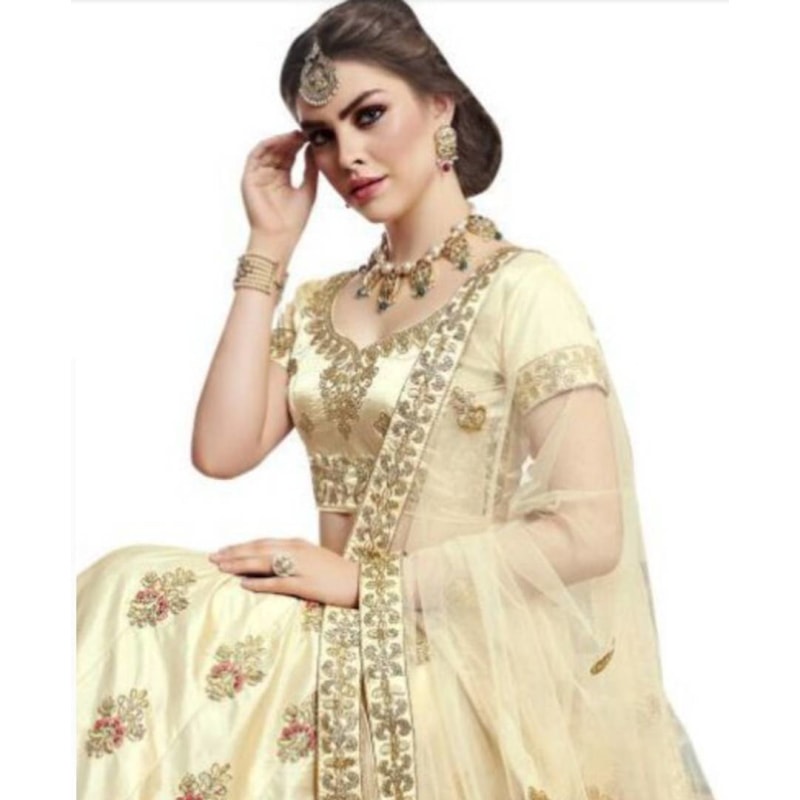 Beige Embroidered Silk Lehenga Cholis With Blouse Piece