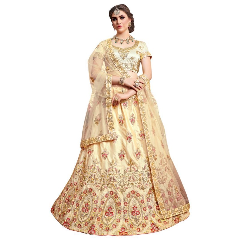 Beige Embroidered Silk Lehenga Cholis With Blouse Piece