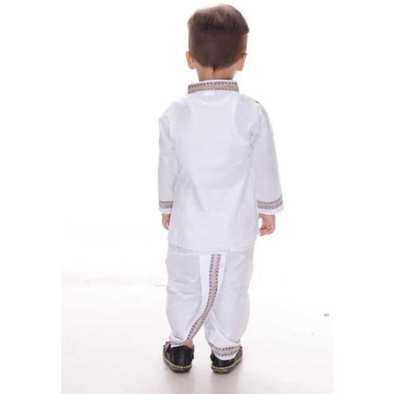Fab Kid's White Embroidered Cotton Boy's Kurta Dhoti Set