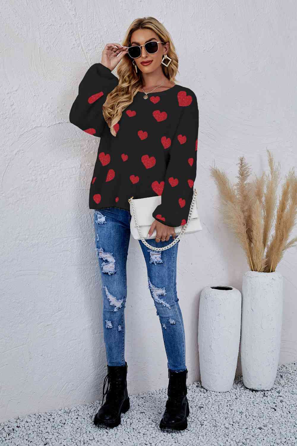 Woven Right Heart Print Fuzzy Crewneck Long Sleeve Sweater