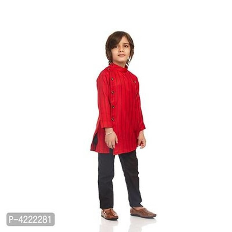 Full Sleeve Cotton Kurta Pyjama For Boys (Red)