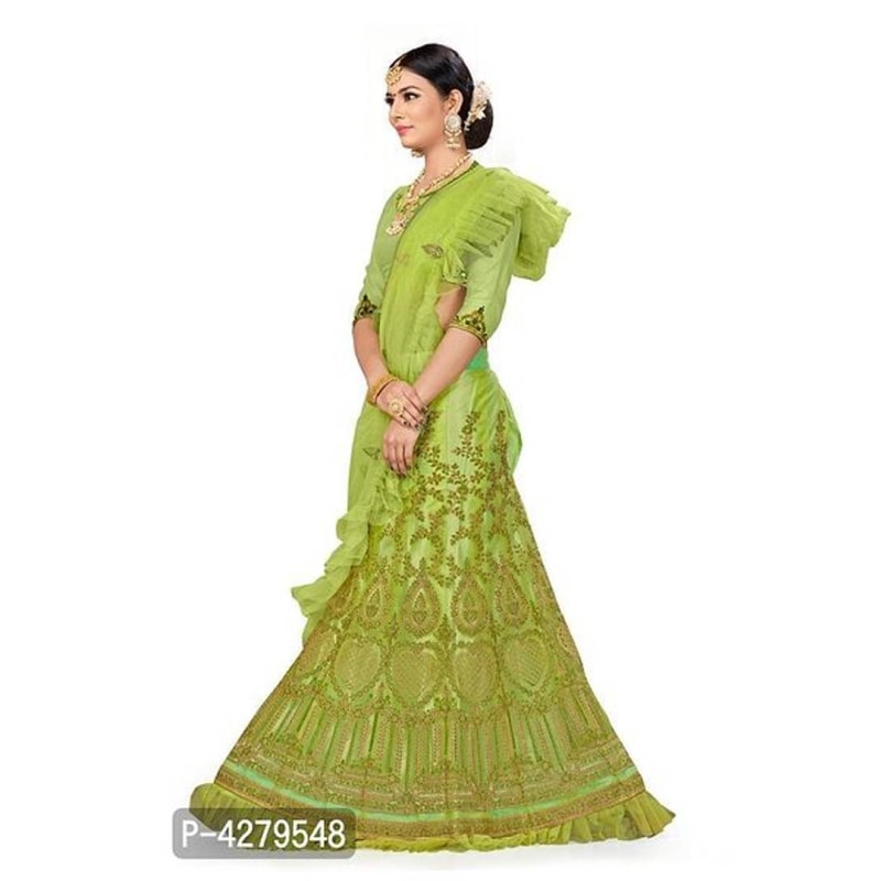 Green Embroidered Net Semi Stitched Lehenga Choli with Dupatta