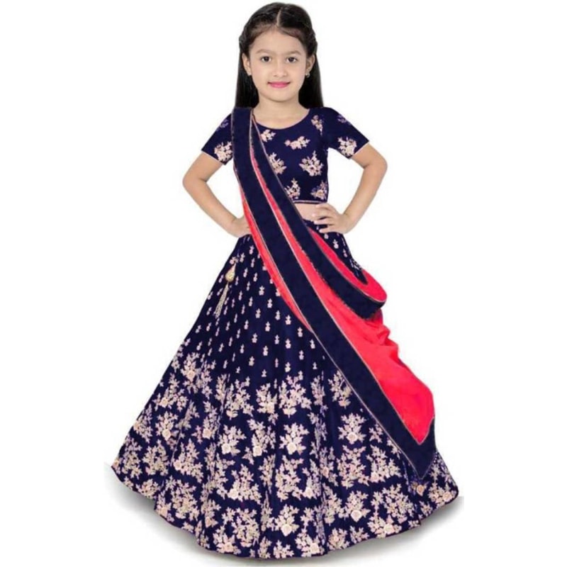 Harshiv Creation Blue Satin Embroidered Kids Girls Semi Stitched Traditional Lehenga Choli_(Comfortable To 3-15 Years Girls)
