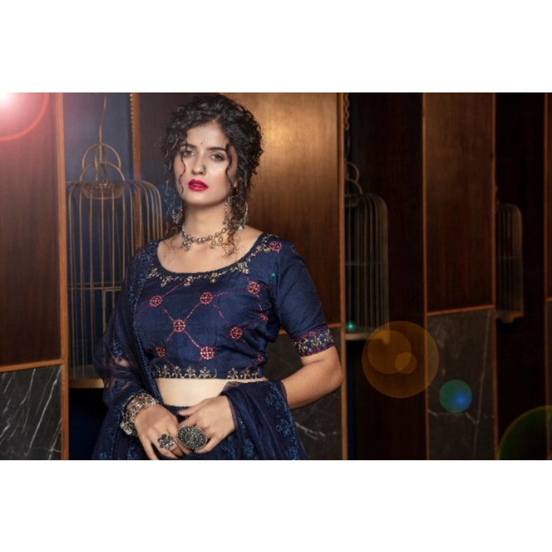 Navy Blue embroidered Silk Blended Lehenga Choli For Women(semi-stiched)
