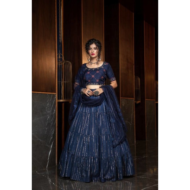 Navy Blue embroidered Silk Blended Lehenga Choli For Women(semi-stiched)