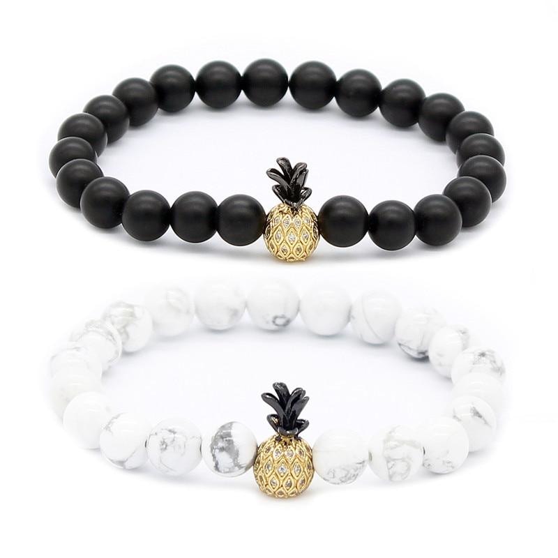 Pineapple Charm Black And White Beads Couple Bracelets