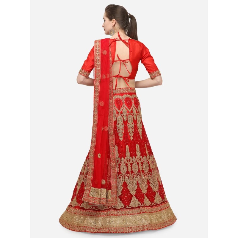 Red Embroidered Net Lehenga Choli With Blouse