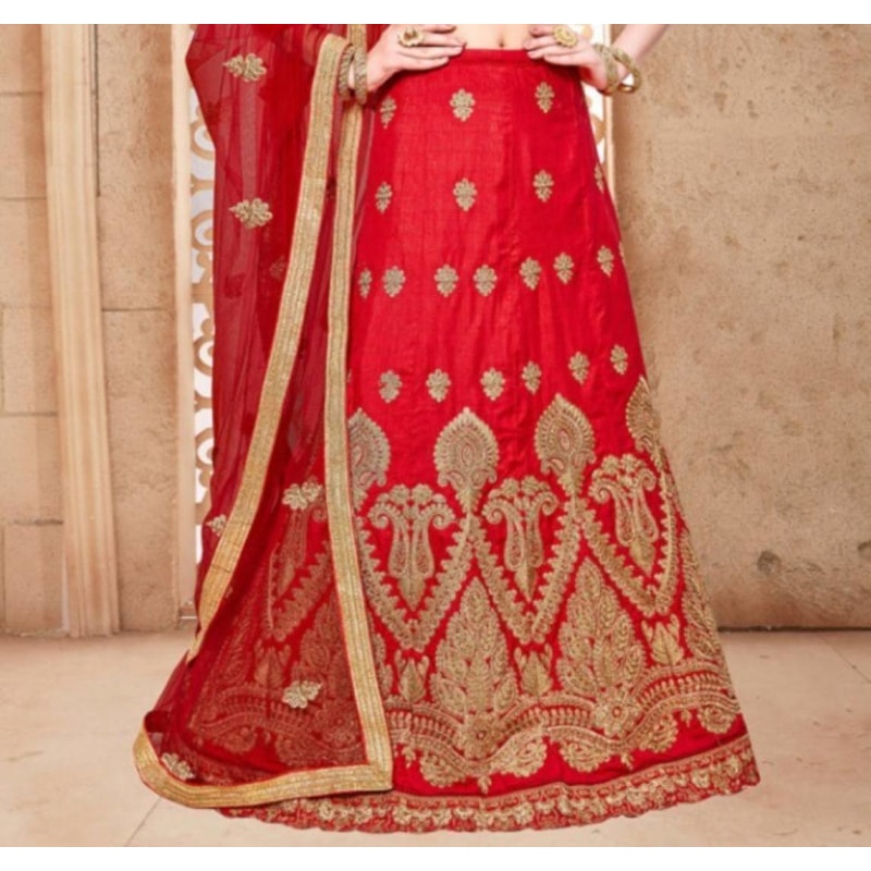 Red Embroidered Semi Stitched Lahenga