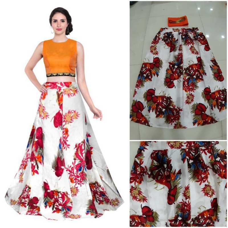 New Designer White & Orange Color Bangalore Satin Semi Stitched Lehenga Choli