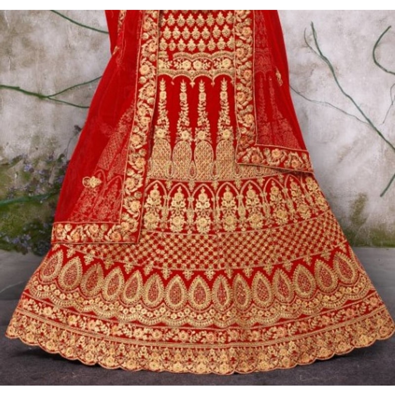 Stylish Velvet Red Embroidered Semi Stitched Lehenga Choli With Dupatta Set