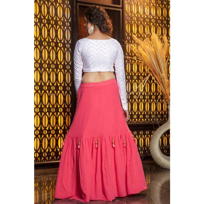 White & Pink Embroidered Semi-Stitched Lehenga & Unstitched Blouse with Dupatta