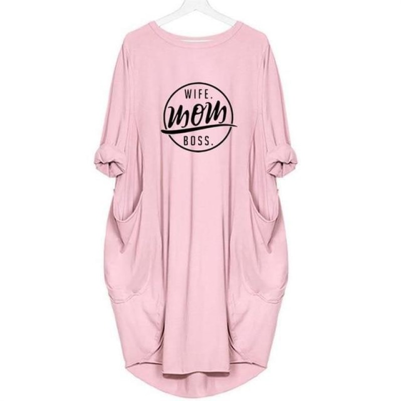 Wife Mom Boss Oversized Long T-shirt Dress with Pockets - dilutee.com