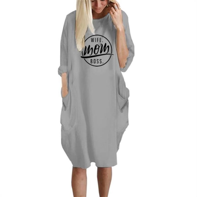 Wife Mom Boss Oversized Long T-shirt Dress with Pockets - dilutee.com