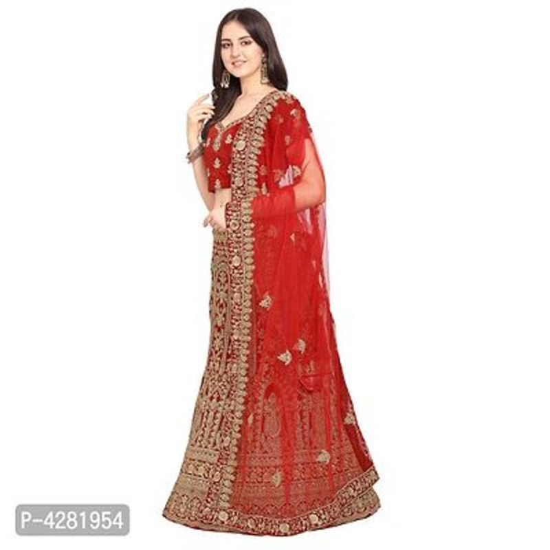 Women's Red Semi Stiched Embroidered Velvet Lehenga Choli With Dupatta