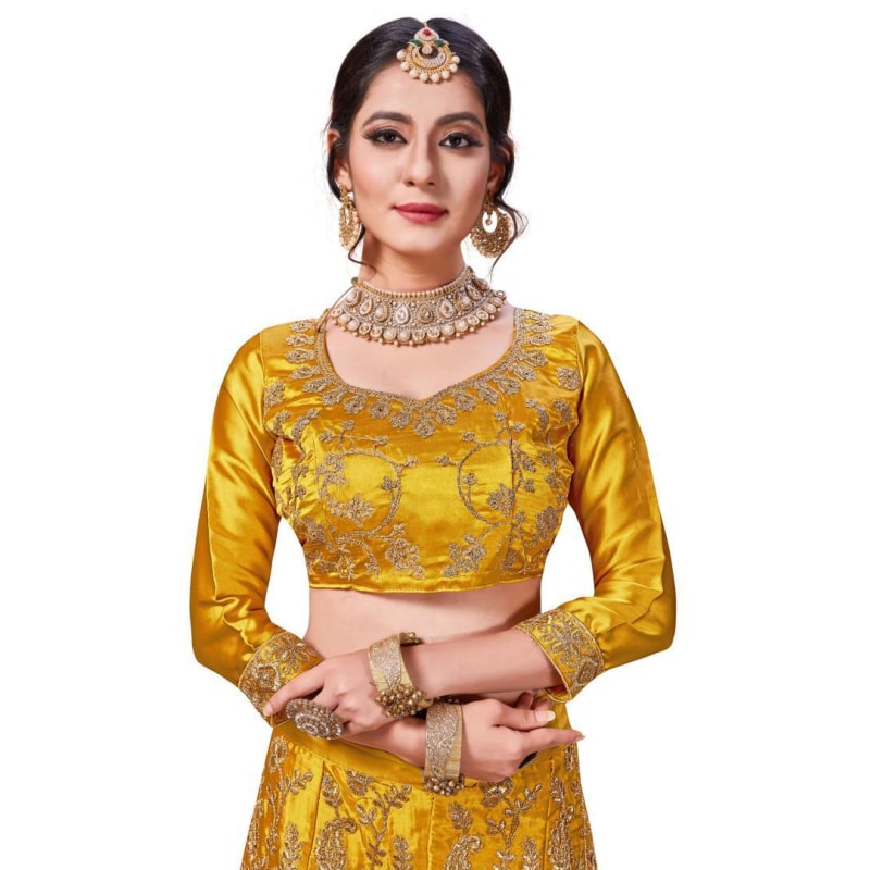 Yellow Embroidered Satin Lehenga Choli For Women's